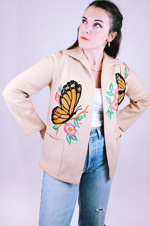 tan wool blend women's open jacket with butterfly embroidery on front and back