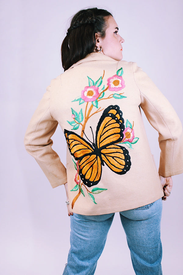 tan wool blend women's open jacket with butterfly embroidery on front and back