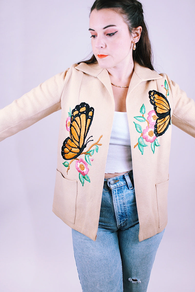 tan wool blend women's open jacket with butterfly embroidery on front and back