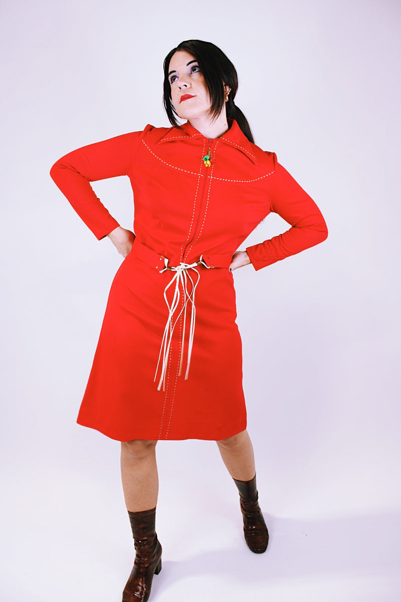 long sleeve red mini dress women's vintage 1970's with zipper front closure and matching belt and collar 