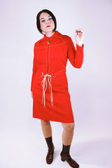 long sleeve red mini dress women's vintage 1970's with zipper front closure and matching belt and collar 