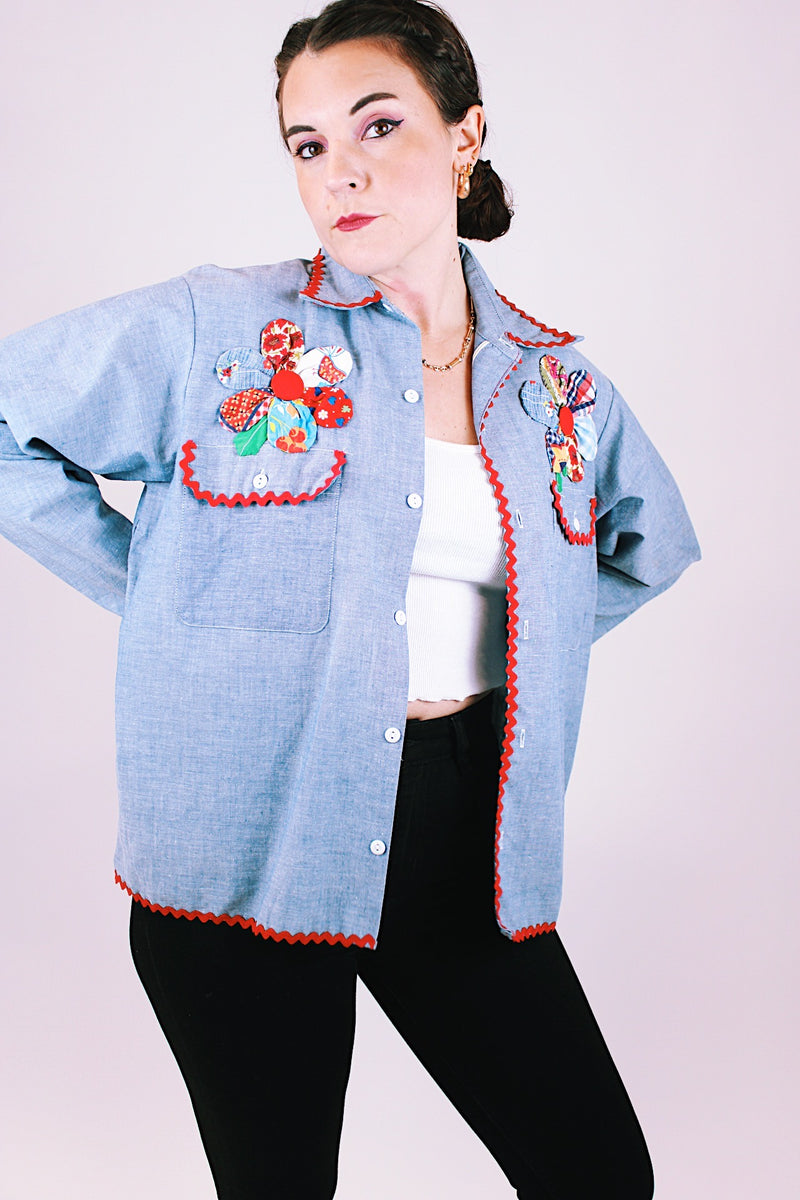 vintage 1970's long sleeve chambray button up blouse with patchwork flowers