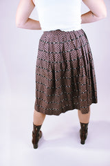 women's vintage 1960's high waisted brown printed pleated midi skirt