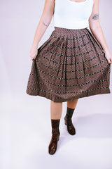 women's vintage 1960's high waisted brown printed pleated midi skirt