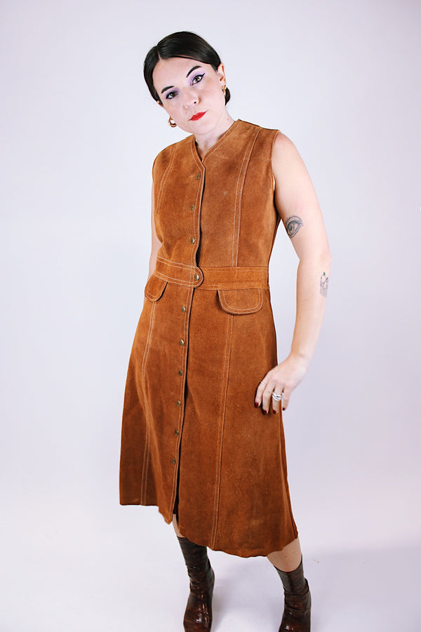 vintage 1970's sleeveless brown suede midi dress with gold popper buttons up the front