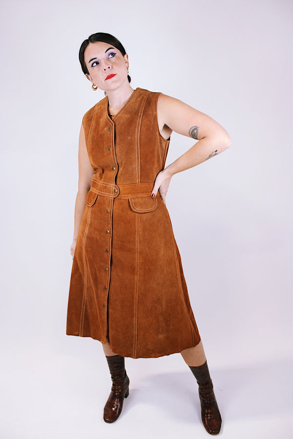 vintage 1970's sleeveless brown suede midi dress with gold popper buttons up the front