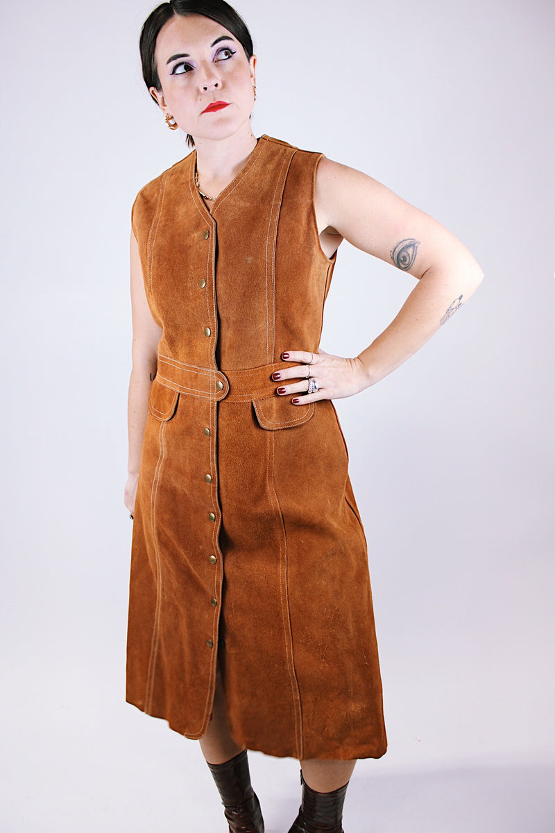 vintage 1970's sleeveless brown suede midi dress with gold popper buttons up the front