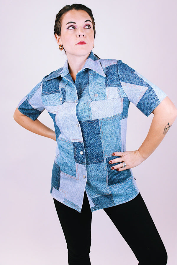 short sleeve faux denim patchwork printed button up blouse with collar 1970's