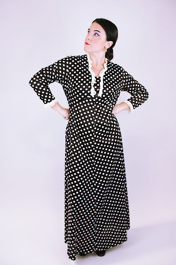 women's vintage 1960's long sleeve maxi dress brown with white polka dots