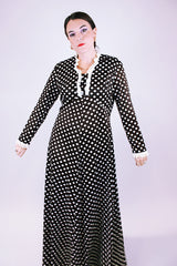 women's vintage 1960's long sleeve maxi dress brown with white polka dots