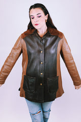 two tone leather women's vintage leather jacket, suede collar, and popper buttons up the front 