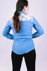 1970's women's vintage long sleeve button up blouse blue with collar and floral patchwork detail