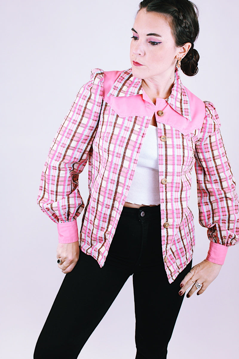 long sleeve western style wood button up blouse in pink plaid seersucker material with collar