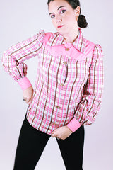 long sleeve western style wood button up blouse in pink plaid seersucker material with collar