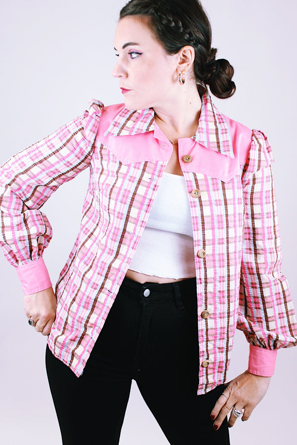 long sleeve western style wood button up blouse in pink plaid seersucker material with collar