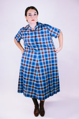 short sleeve midi dress women's vintage 1960's blue and brown plaid print with collar and half buttons