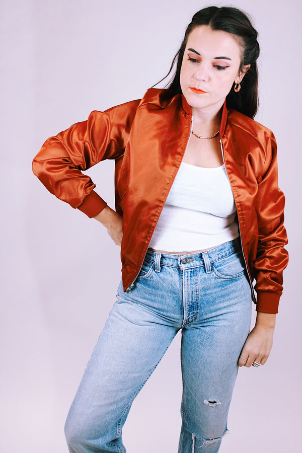 burnt orange satin bomber jacket with embroidered back vintage women's 