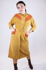 3/4 arm length corduroy midi length dress vintage 1950's button in front and matching belt mustard yellow
