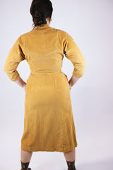 3/4 arm length corduroy midi length dress vintage 1950's button in front and matching belt mustard yellow