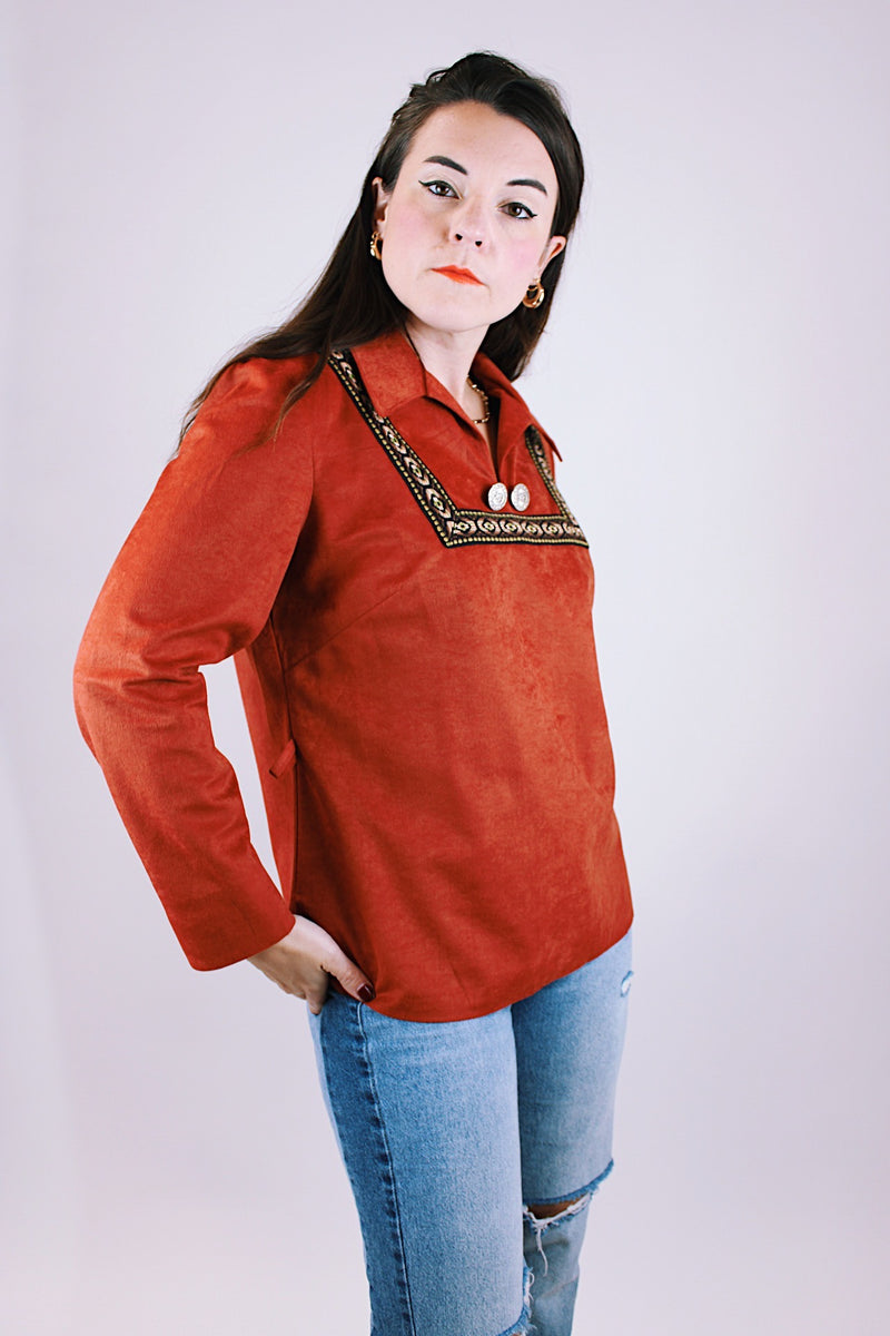 long sleeve pullover blouse in a soft faux suede burnt orange fabric with collar