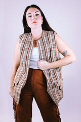 sleeveless open vest long length polyester women's vintage 1970's brown stripes pattern western style