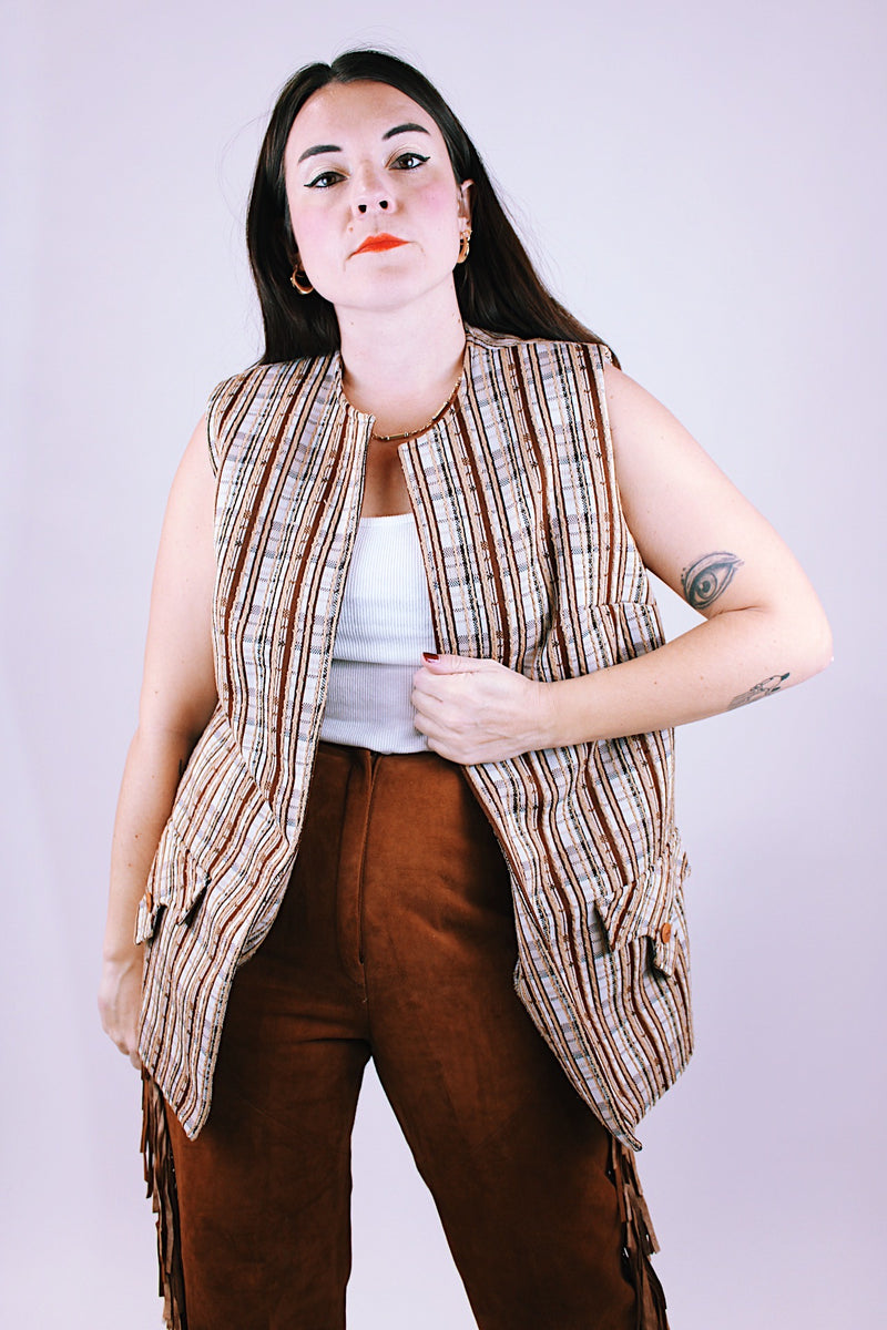 sleeveless open vest long length polyester women's vintage 1970's brown stripes pattern western style
