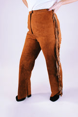 brown suede double breasted jacket and high waisted pants set each with fringe details 1970's vintage 