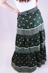 1970's vintage prairie style maxi skirt black with ditsy floral print has pockets