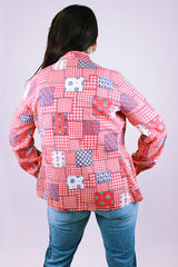 long sleeve button up blouse vintage women's 1970's red patchwork print