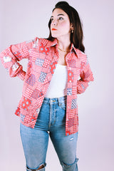 long sleeve button up blouse vintage women's 1970's red patchwork print