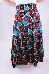 women's vintage 1970's corduroy maxi skirt with blue and red floral patchwork pattern