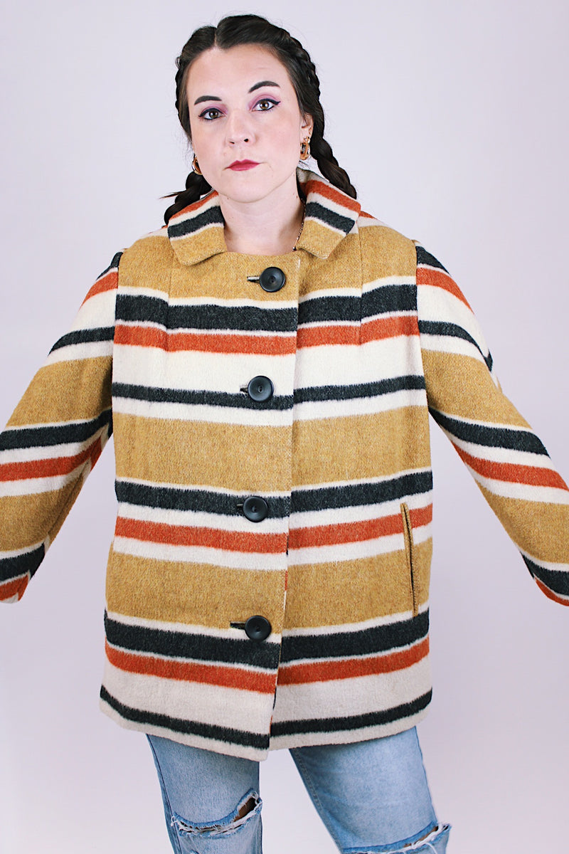 women's vintage 1960's yellow black red and white striped wool coat buttons up the front