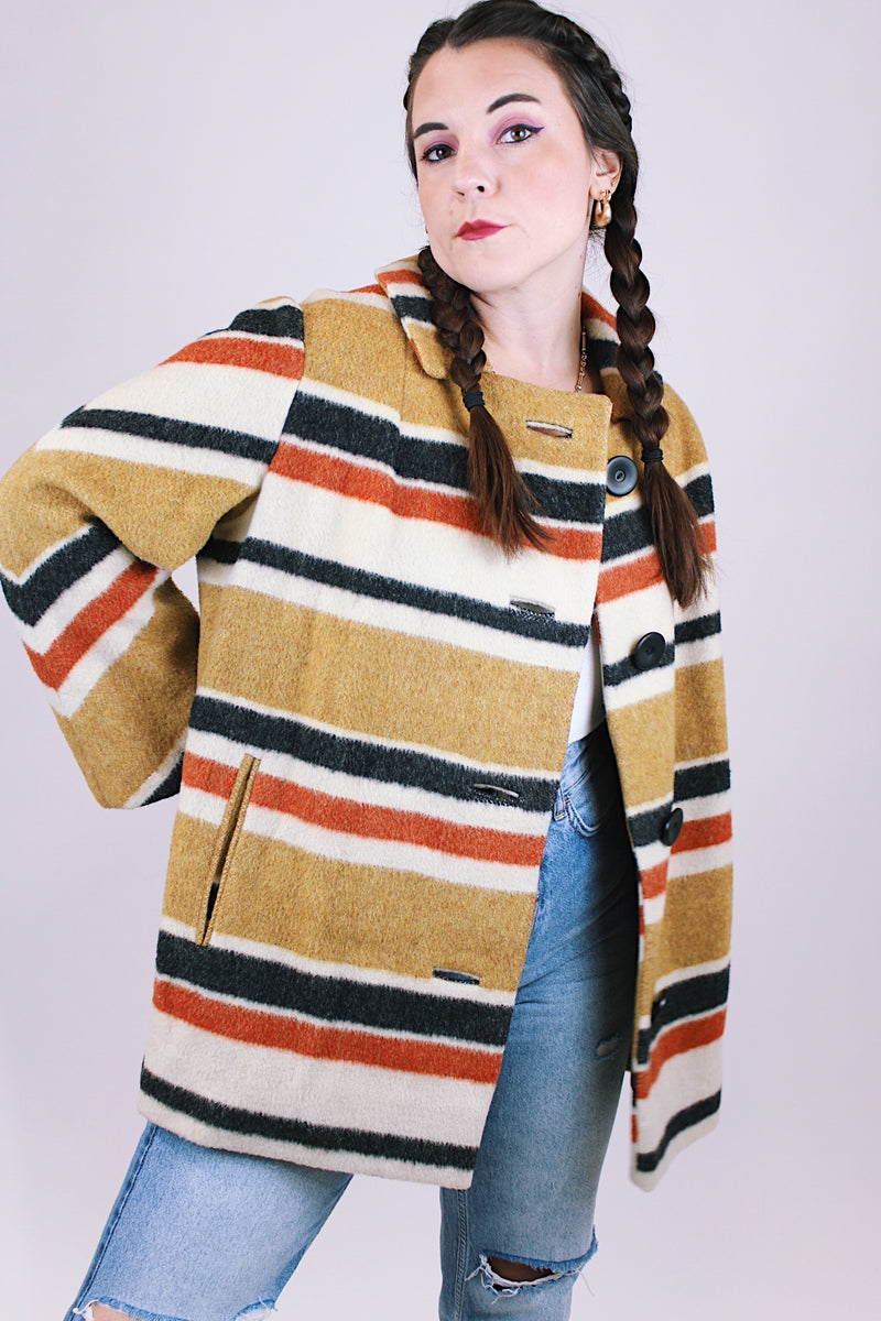 women's vintage 1960's yellow black red and white striped wool coat buttons up the front
