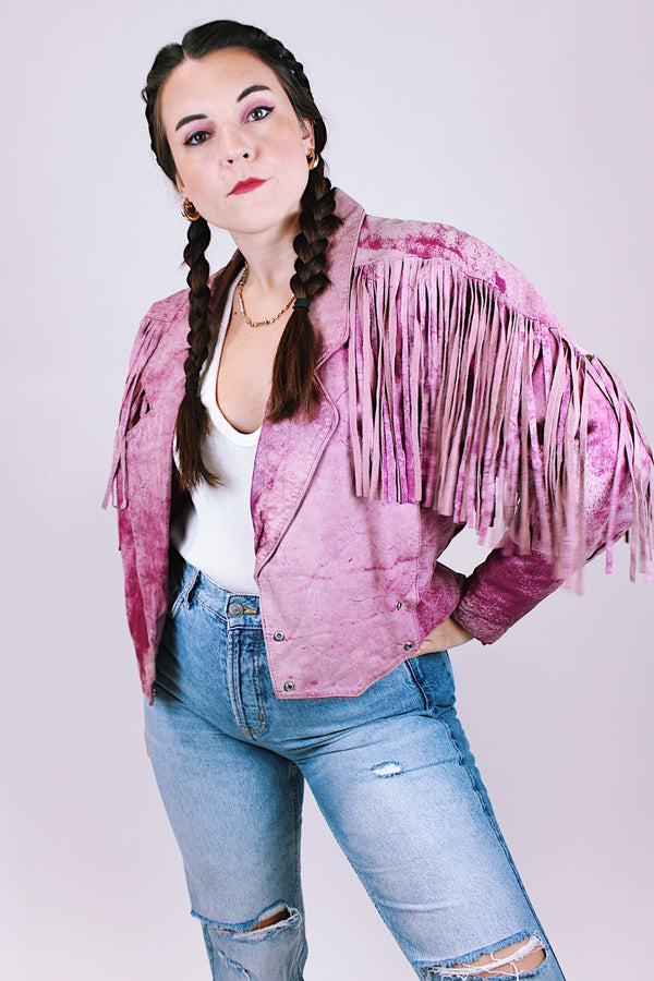 women's 1980's pink leather cropped jacket with fringe