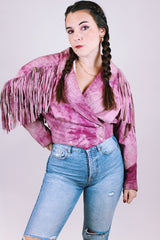 women's 1980's pink leather cropped jacket with fringe