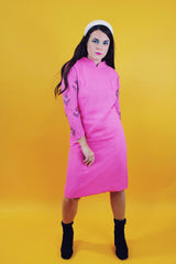 1960's vintage long sleeve midi dress in hot pink with sheer beaded arms and mock neck