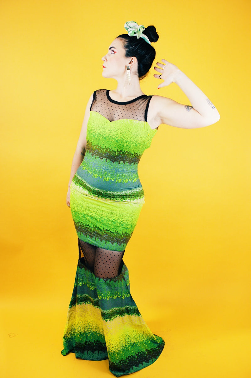 sleeveless floor length dress green and yellow striped print with sheer lace panels vintage 1990's