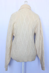 Women's or men's vintage 1970's Towne and King, LTD label long sleeve cream colored cable knit pullover sweater with a fold over turtleneck.