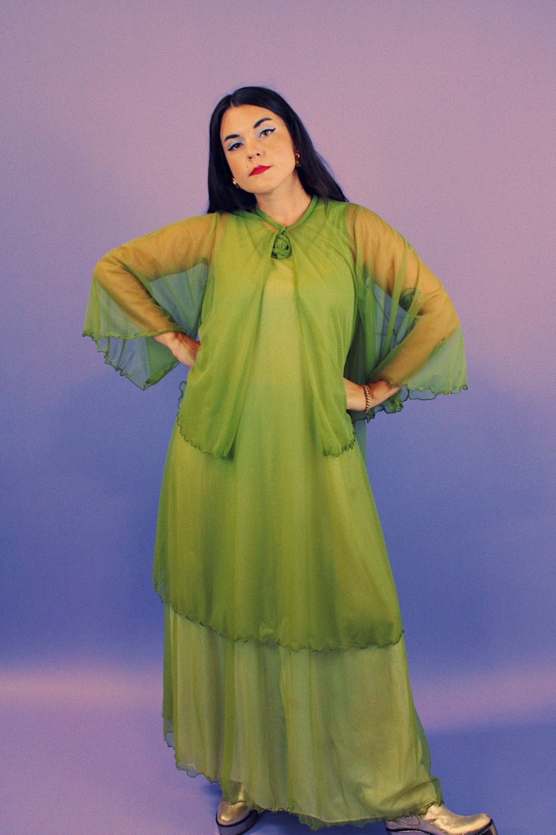 ankle length sleeveless dress with two tiers in pea green with matching caplet jacket vintage 1970's