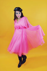 sheer long sleeve hot pink mini dress with fabric flower at waist vintage 1970's