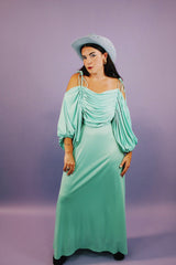 vintage 1980's teal green ankle length dress with ruched bust and huge puff sleeves