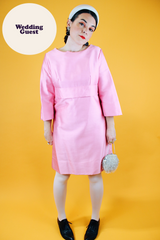 3/4 arm length pink silk like dress knee length vintage 1960's shift