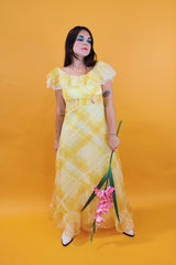 ankle length yellow plaid print dress chiffon with flower at waist and flutter sleeves vintage